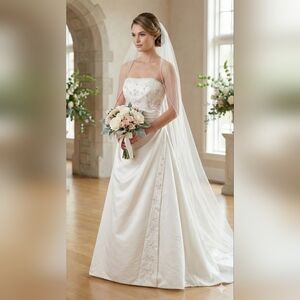 Vintage Size 8 Alfred Angelo Ivory Satin Wedding Gown with Blush Pink Floral